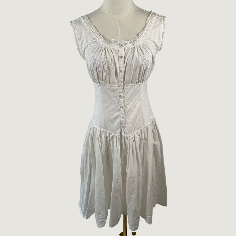 Vintage Starina Prairie Midi Dress Womens S White Milkmaid Corset Button Front
